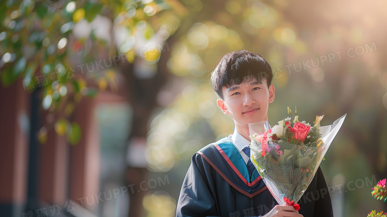 毕业季男大学生抱着鲜花开心的笑图片