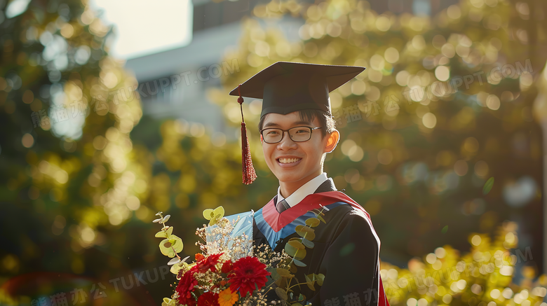 毕业季男大学生抱着鲜花开心的笑图片