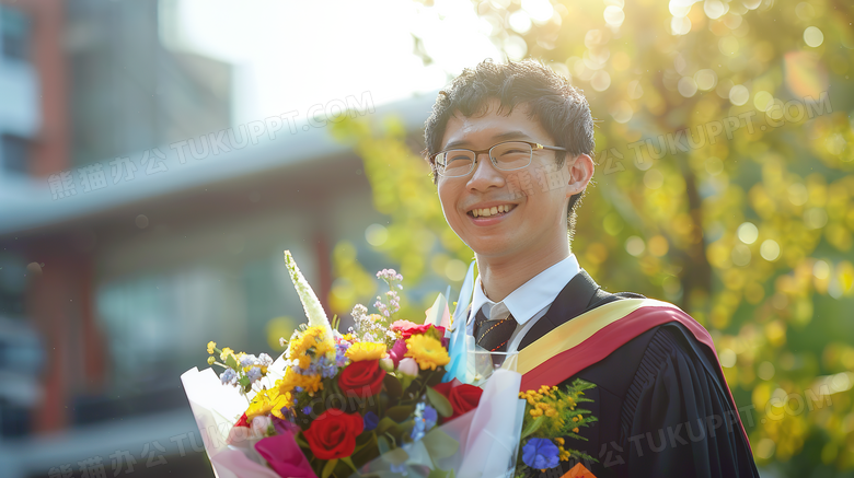 毕业季男大学生抱着鲜花开心的笑图片