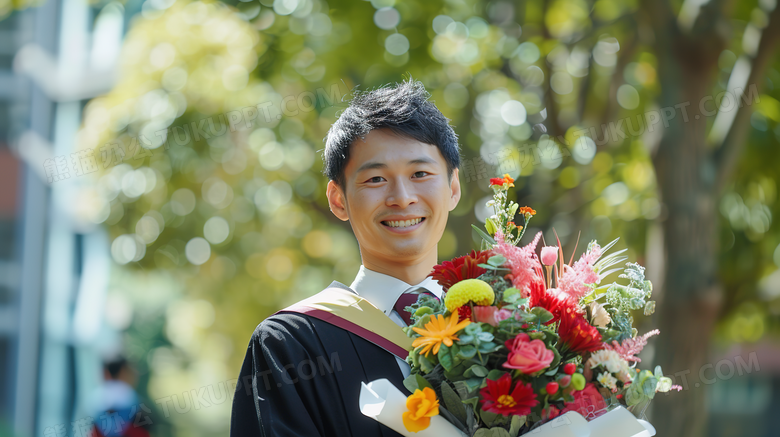 毕业季男大学生抱着鲜花开心的笑图片