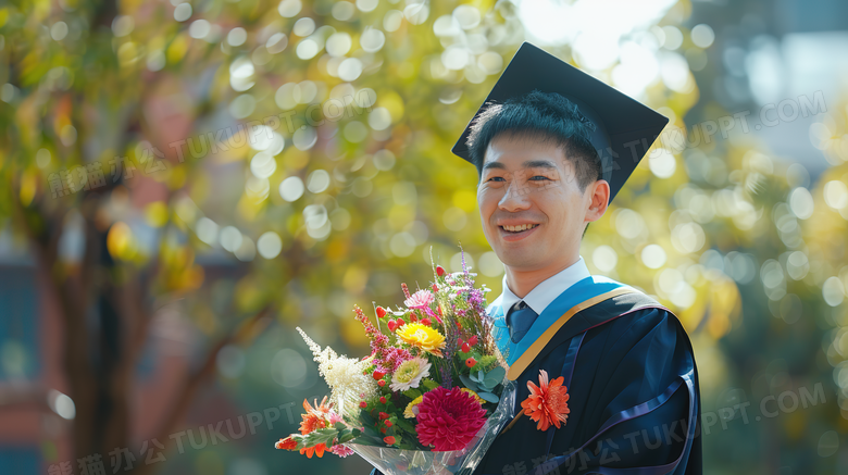 毕业季男大学生抱着鲜花开心的笑图片