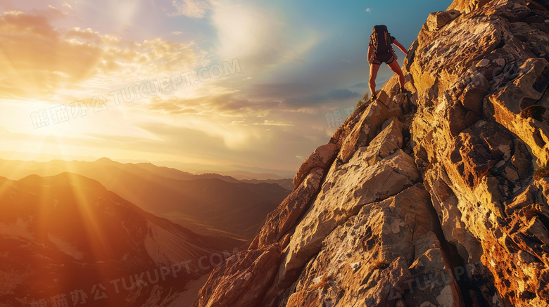 夕阳落日下攀岩运动的男子图片