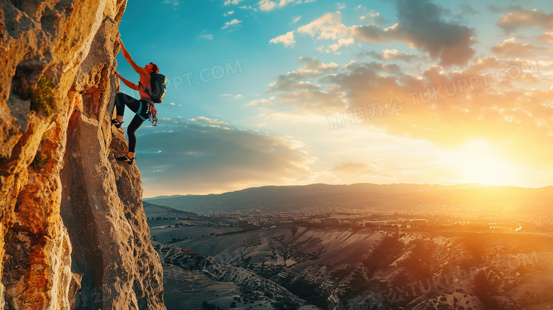 夕阳落日下攀岩运动的男子图片