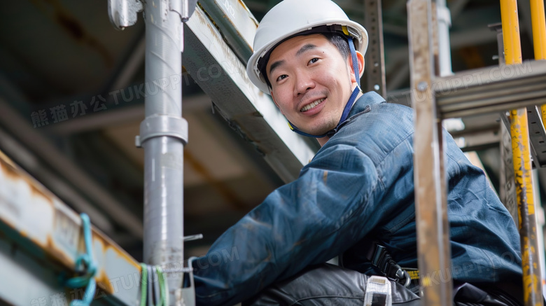 头戴白色安全帽男性建筑工人图片