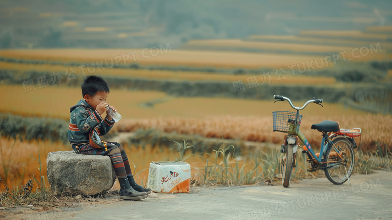骑自行车路边休息的孩子图片