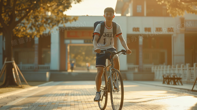 校园里骑自行车的男大学生图片