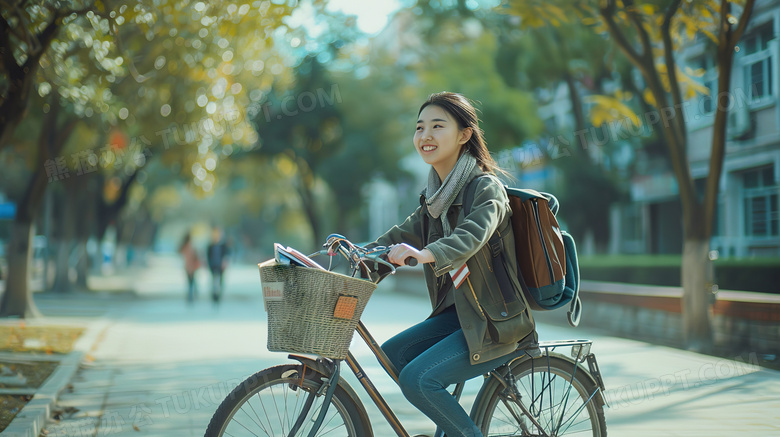 校园里骑自行车的女大学生图片