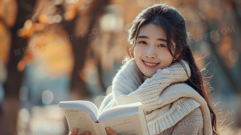 秋天公园看书的女孩图片
