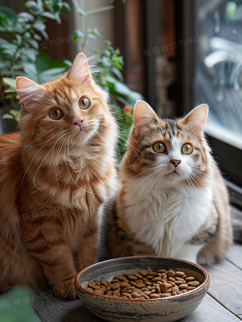 猫粮碗旁边的宠物猫图片