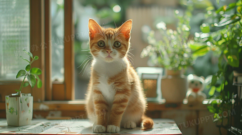 可爱宠物猫坐在窗边图片