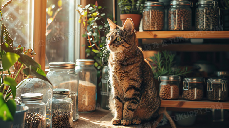 可爱宠物猫坐在窗边图片