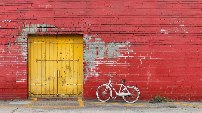 时尚红墙和自行车图片