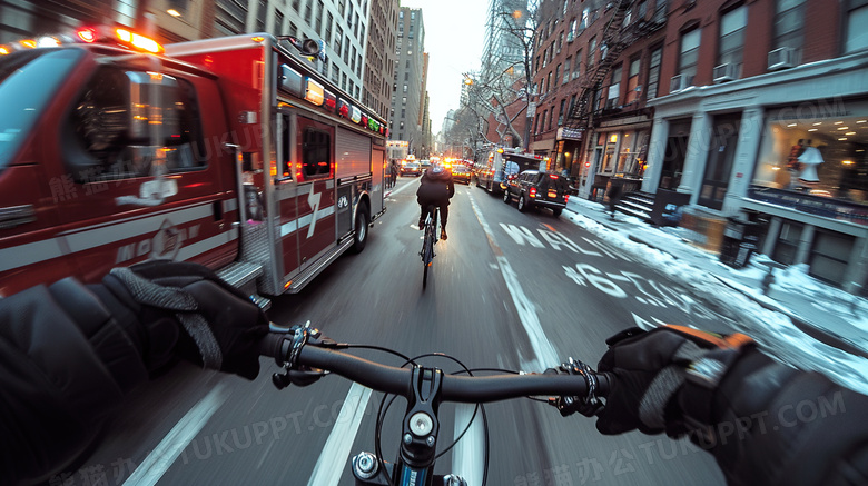 第一视角在城市骑自行车穿梭图片