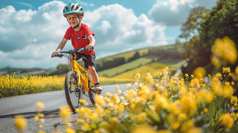 小男孩在公路上骑自行车图片