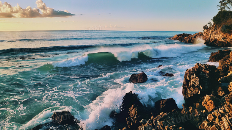 海边海浪拍打礁石自然风景图片