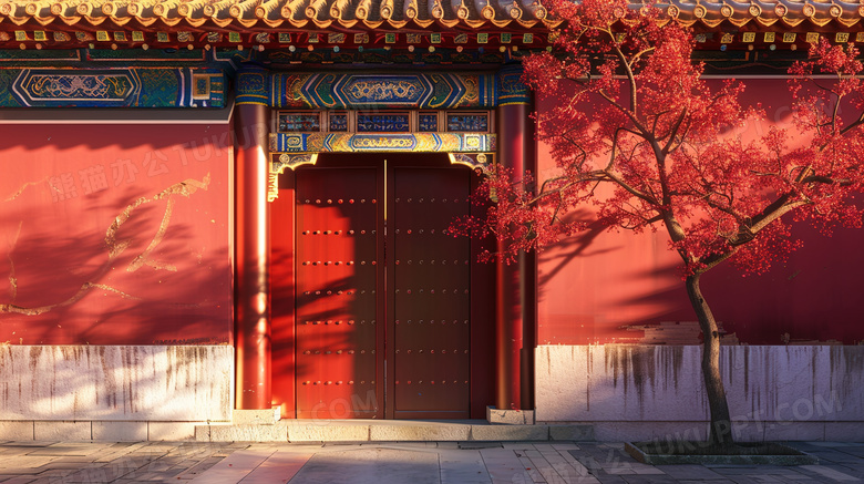 秋季唯美红色宫墙风景图片