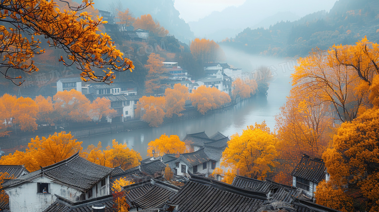 秋季唯美乡村村落房屋风景图片