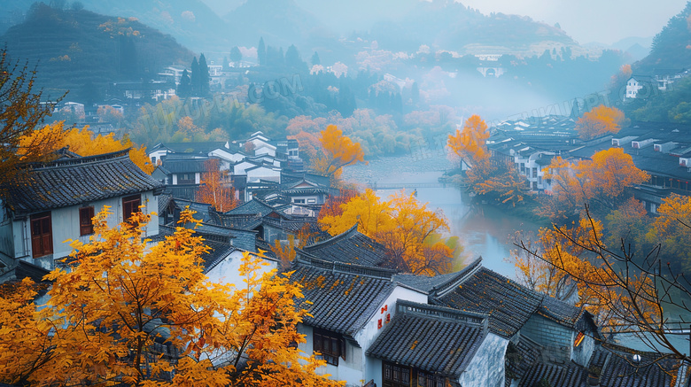 秋季唯美乡村村落房屋风景图片