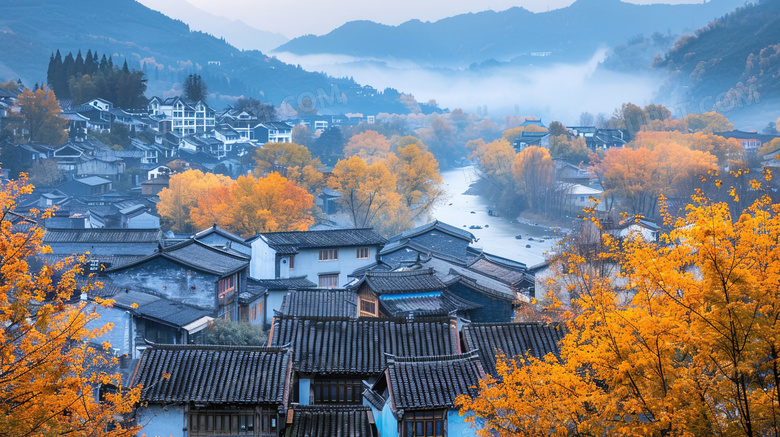 秋季唯美乡村村落房屋风景图片