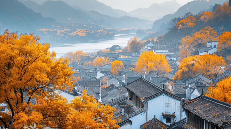 秋季唯美乡村村落房屋风景图片