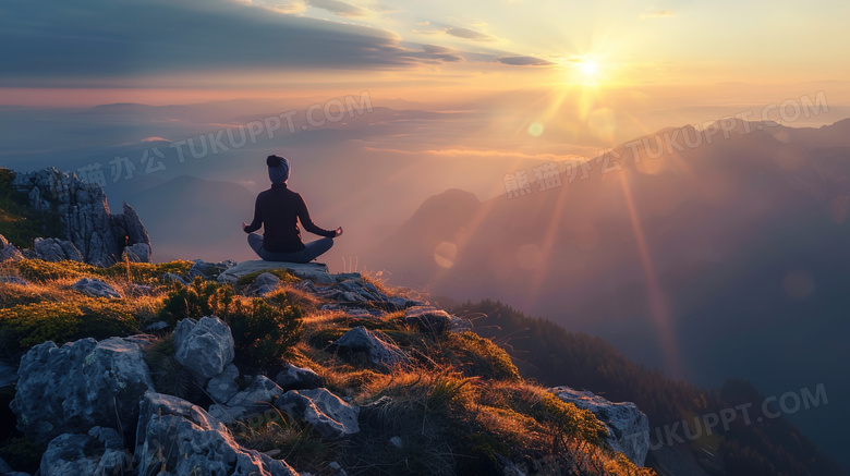 清晨日出坐山顶瑜伽运动的女人图片