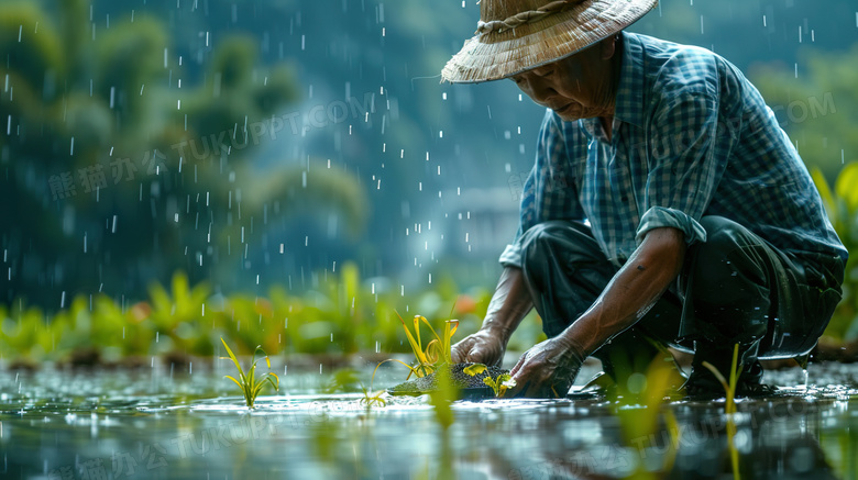 农民下雨天在田地里劳作图片