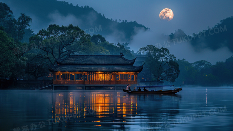 中秋节湖边赏月风景图片