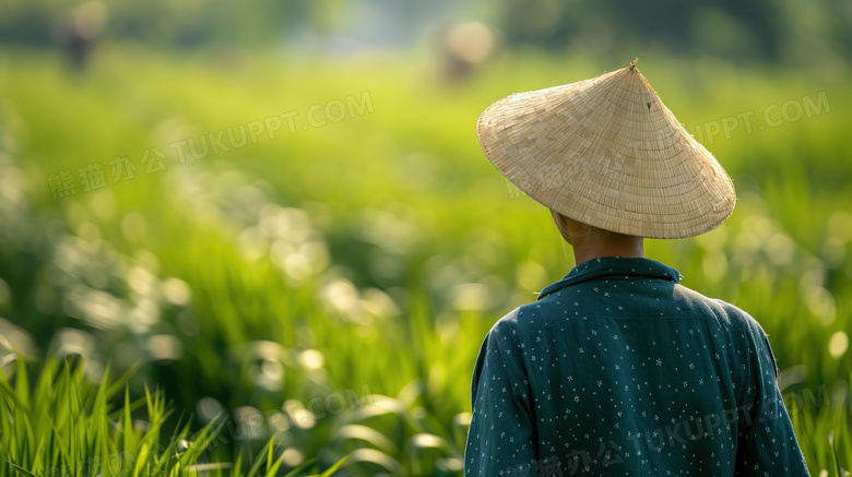 戴着草帽的农民背影特写图片