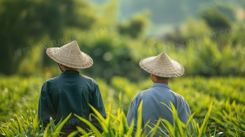 戴着草帽的农民背影特写图片