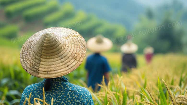 戴着草帽的农民背影特写图片