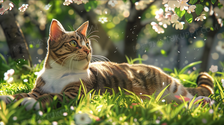 睡在草地晒太阳的宠物猫咪图片