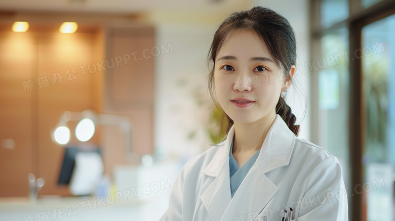 穿白大褂的青年女医生特写图片