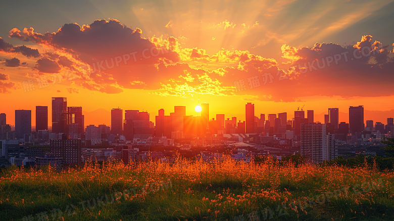 橙色秋季城市夕阳风景图片