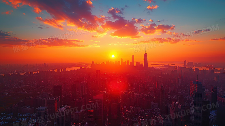 橙色秋季城市夕阳风景图片