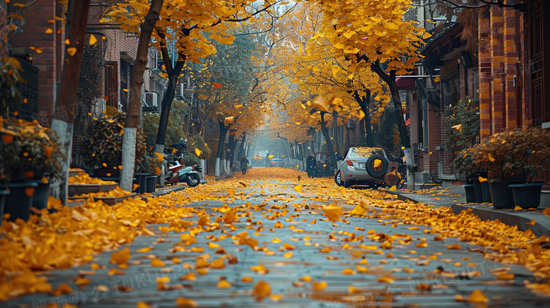 秋天金黄落叶风景树叶图片