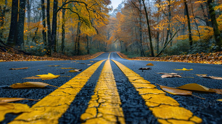 秋天公路落叶风景图片