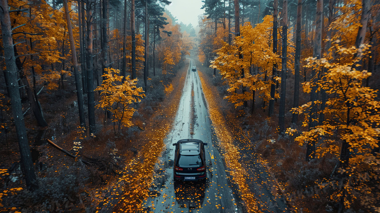 秋天公路风景落叶图片