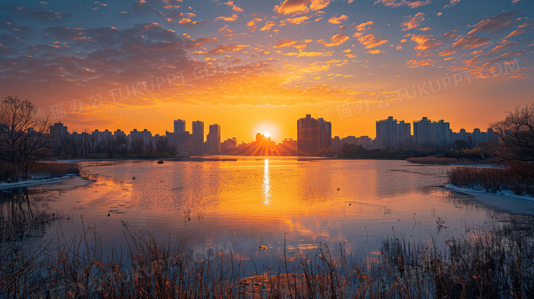 秋天河流湖泊建筑倒影图片