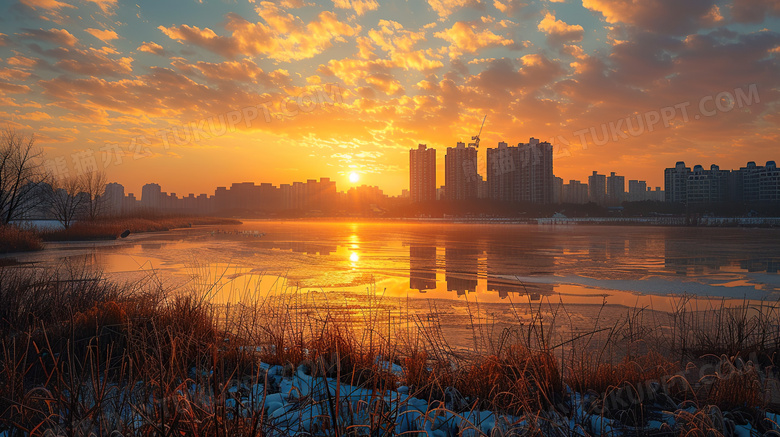 秋天河流湖泊建筑倒影图片