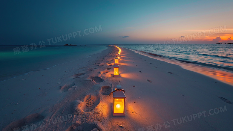 夏季夜晚海边沙滩脚印地灯图片