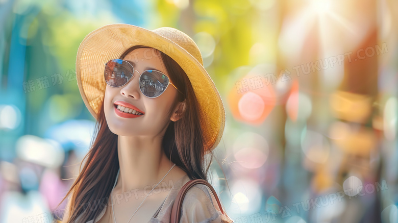 模特穿着防晒服戴着墨镜在逛街的图片