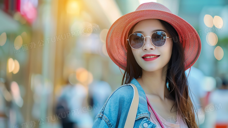 模特穿着防晒服戴着墨镜在逛街的图片