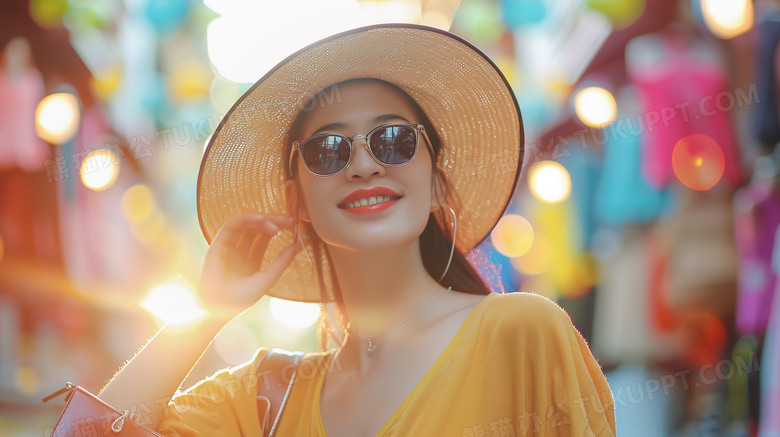 模特穿着防晒服戴着墨镜在逛街的图片