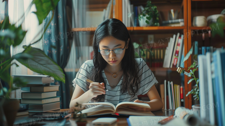 女孩在书桌前学习的图片