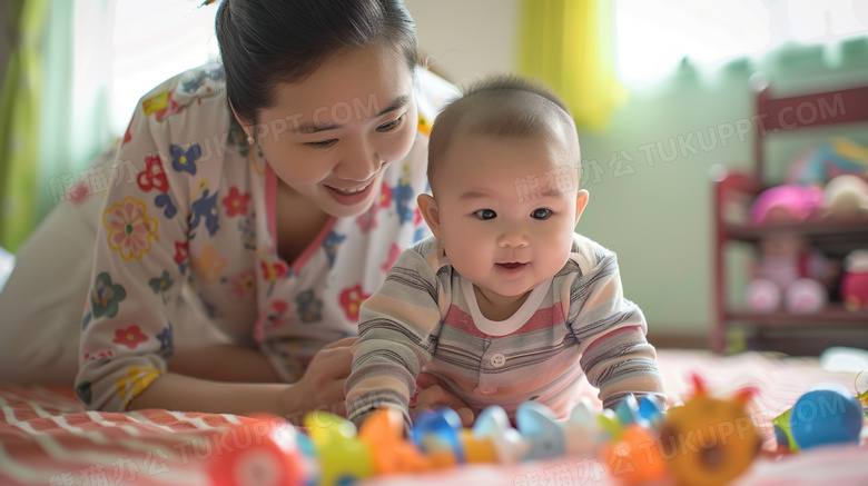 陪伴婴儿玩耍的母亲图片