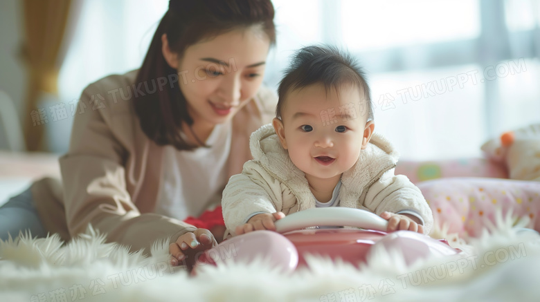 陪伴婴儿玩耍的母亲图片