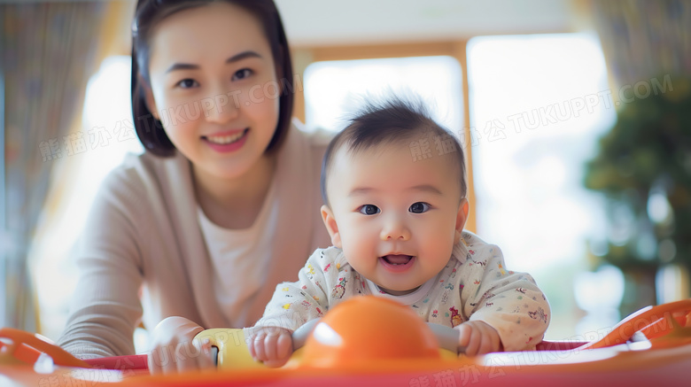 陪伴婴儿玩耍的母亲图片