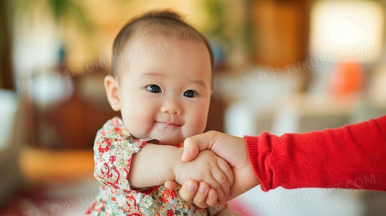 可爱婴儿与大人握手特写图片