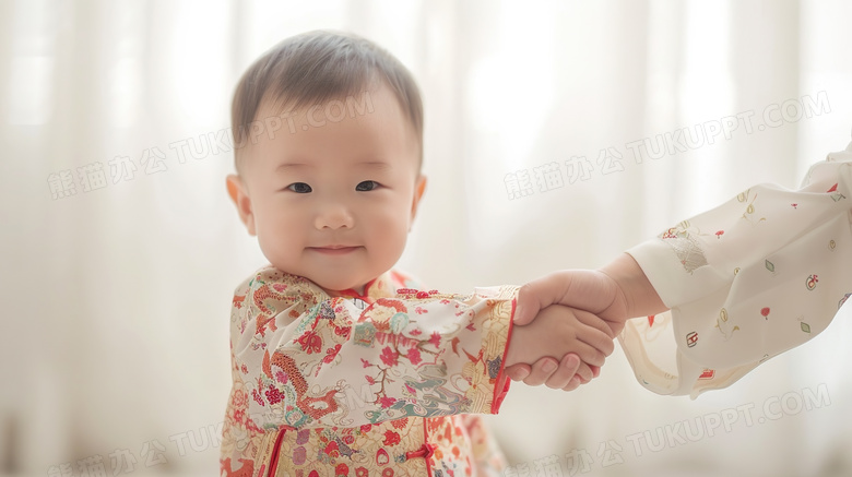 可爱婴儿与大人握手特写图片