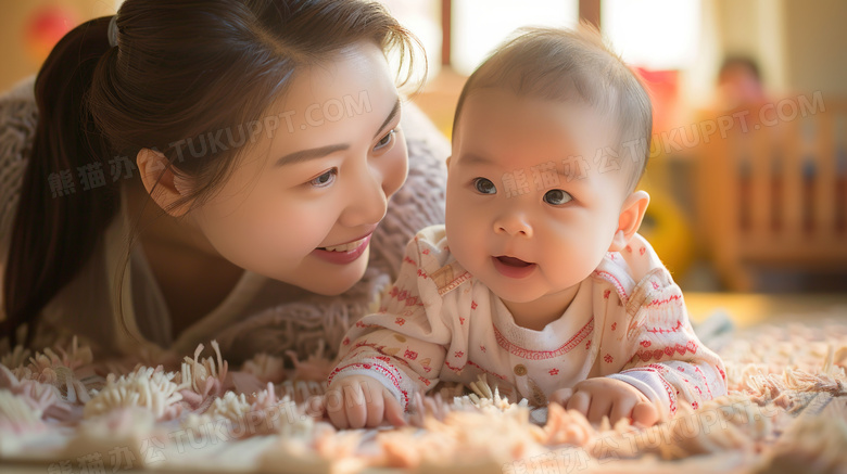 妈妈陪伴婴儿爬行锻炼图片